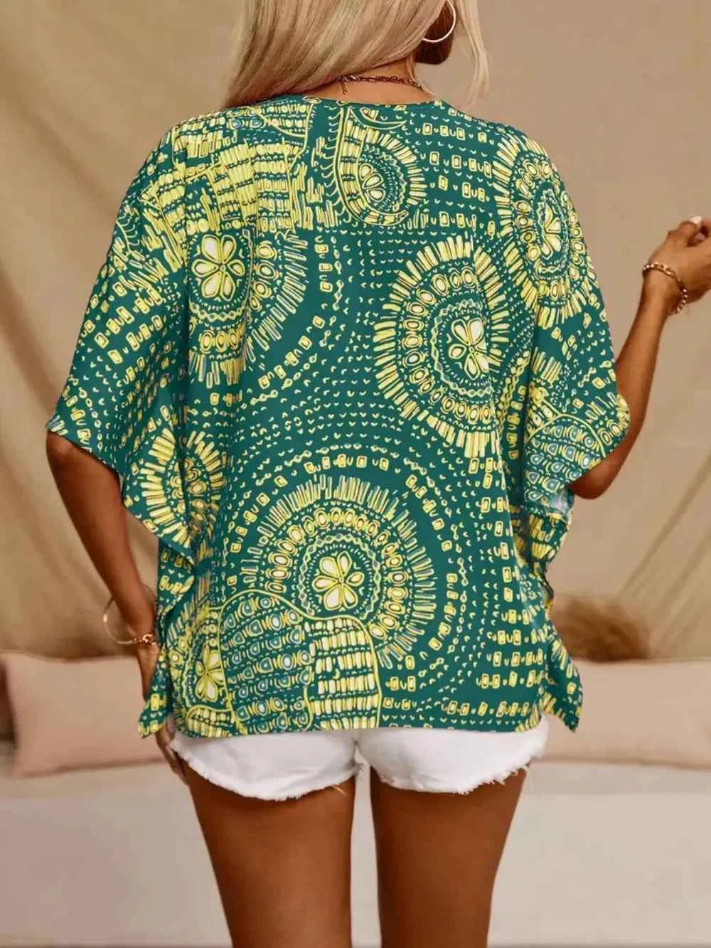 Printed V-Neck Half Sleeve Top Trendsi