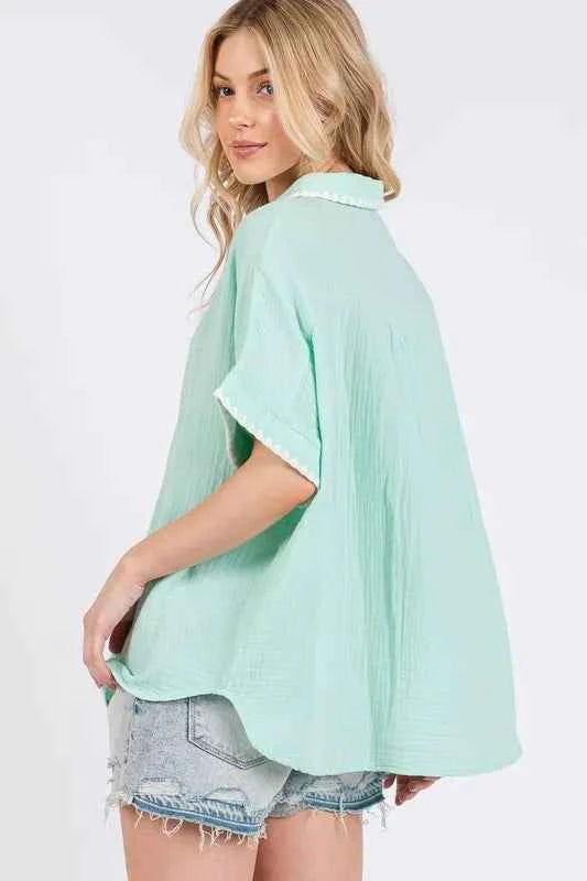 SAGE+FIG Boho Zigzag Trim Gauze Button-Up Shirt Trendsi