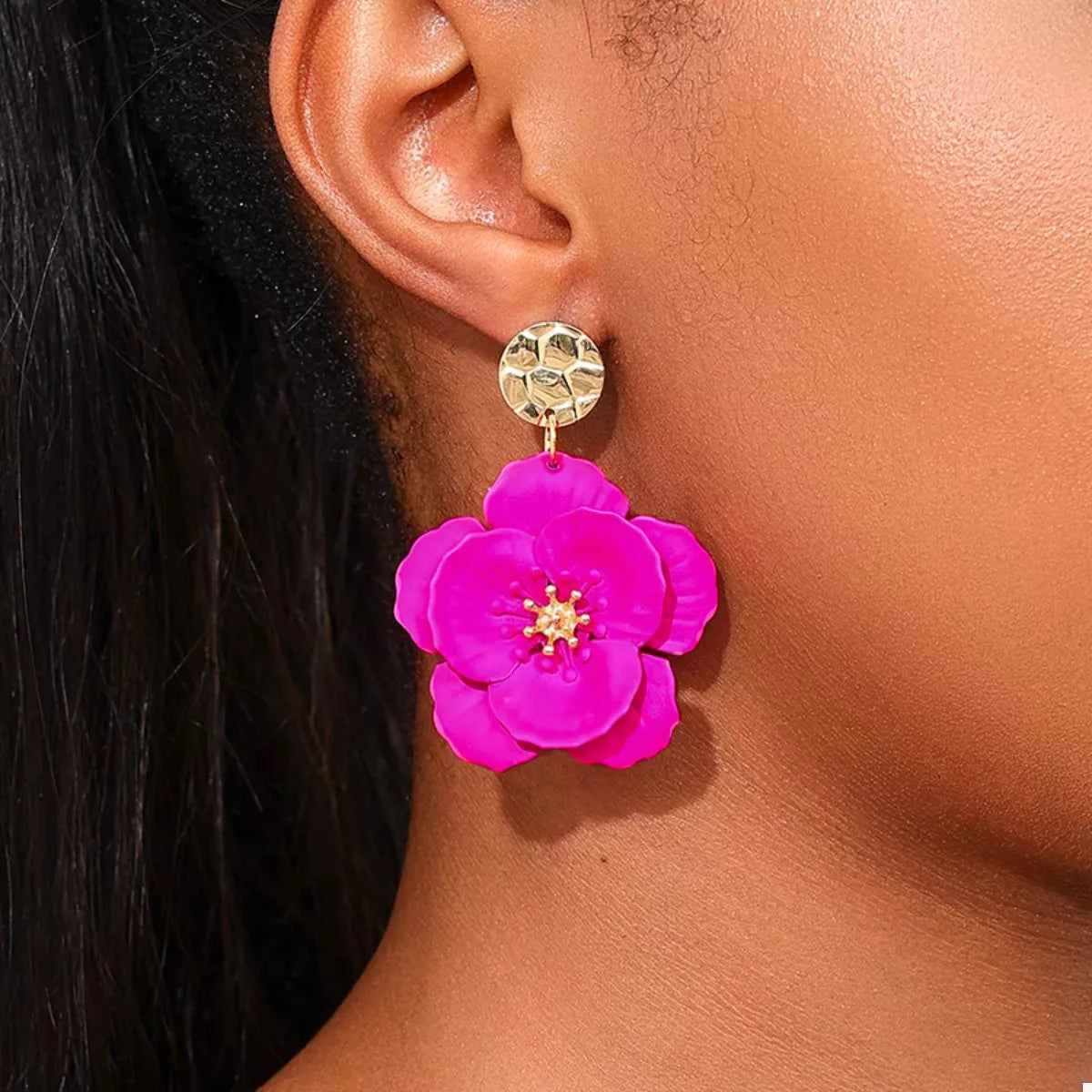Floral Statement Drop Earrings with Gold Accent Rose Red onesize Trendsi