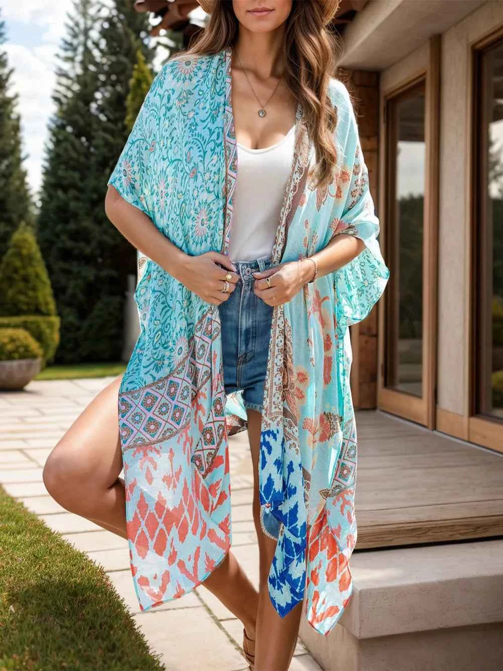 Printed Open Front Cover-Up Light Blue One Size Trendsi