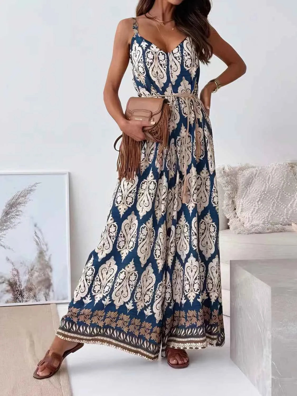 Printed V-Neck Wide Leg Jumpsuit Tan Trendsi