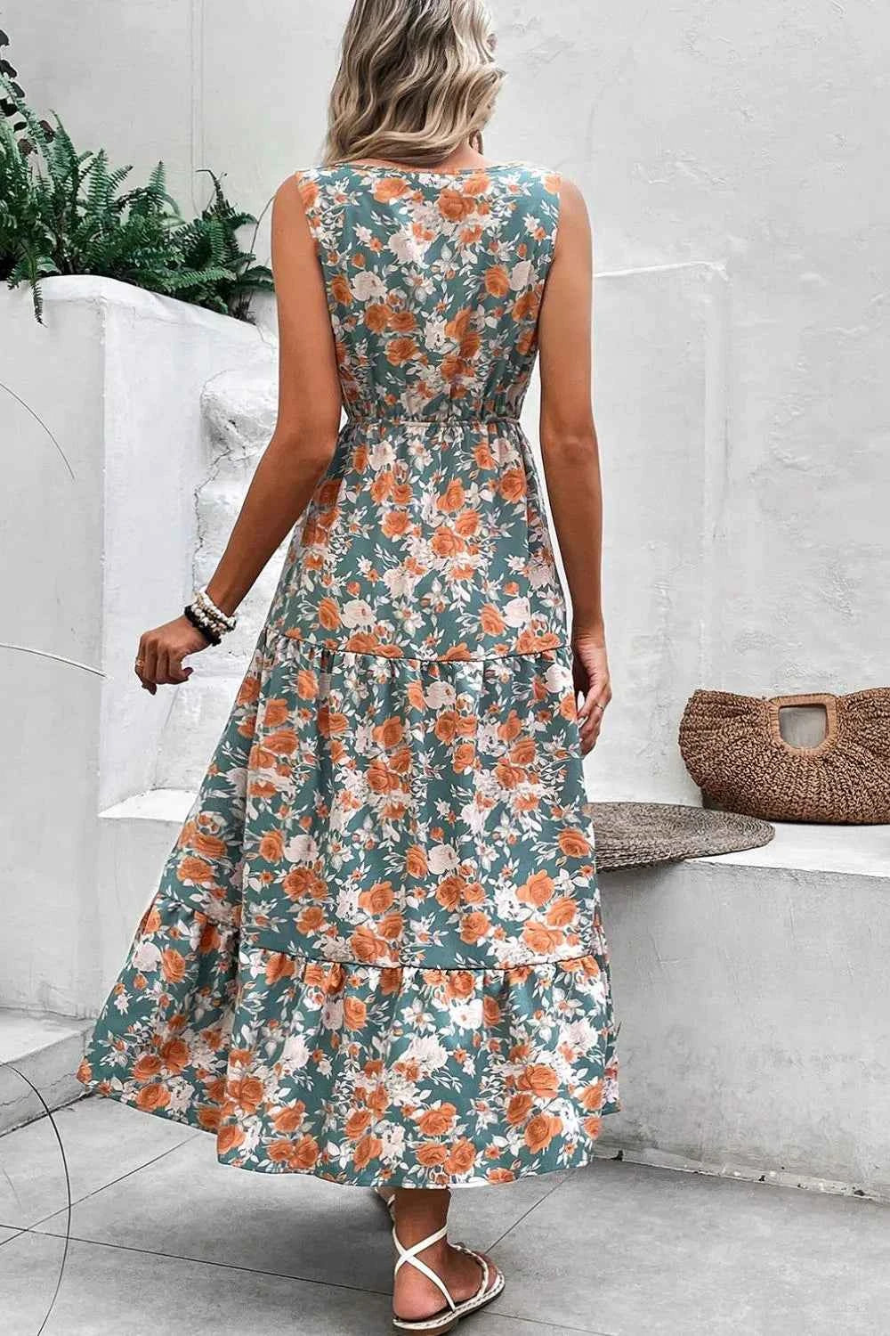 Floral Print Trimmed V Neck Tie Waist Sleeveless Dress Trendsi