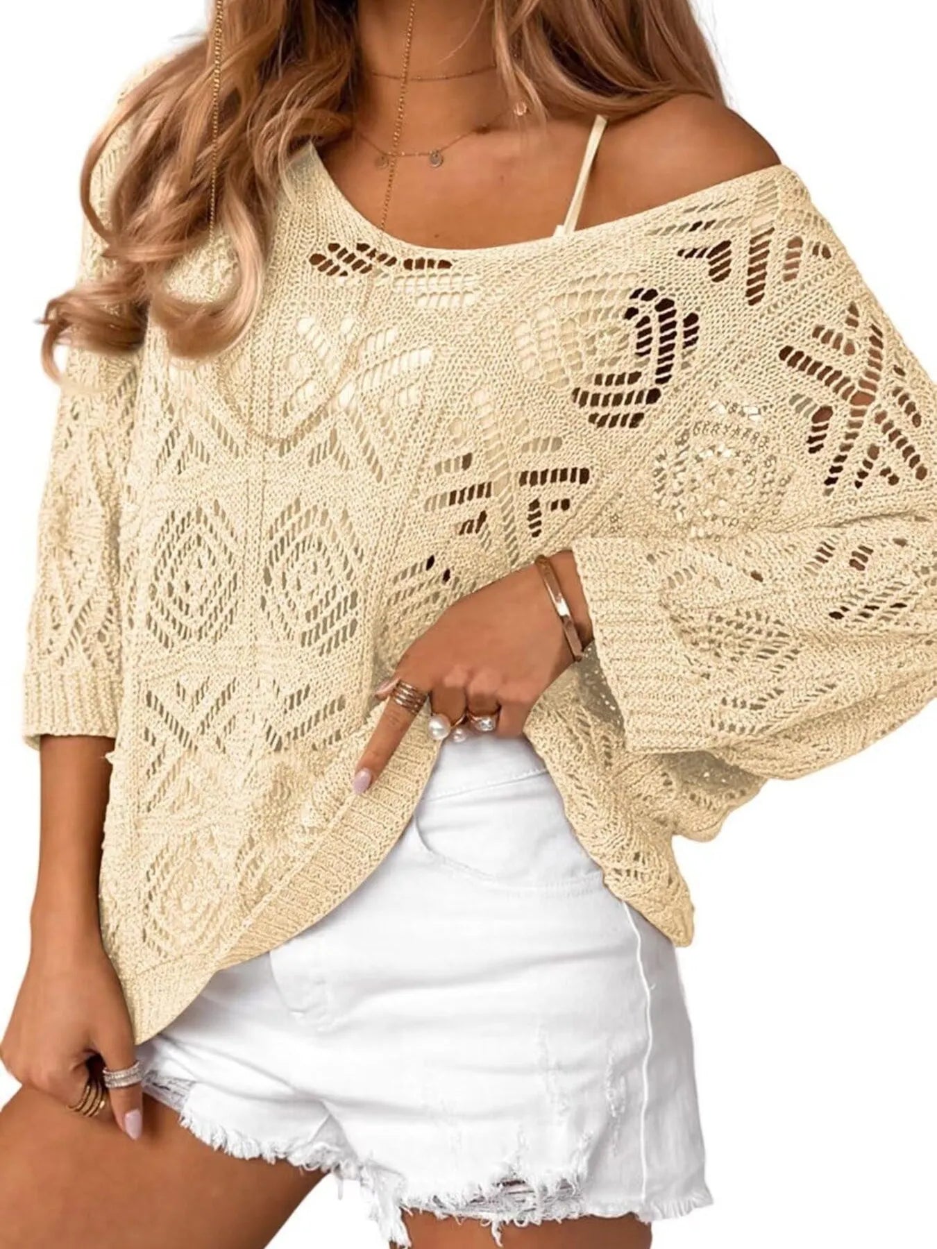 Openwork 3/4 Sleeve Knit Cover Up Trendsi