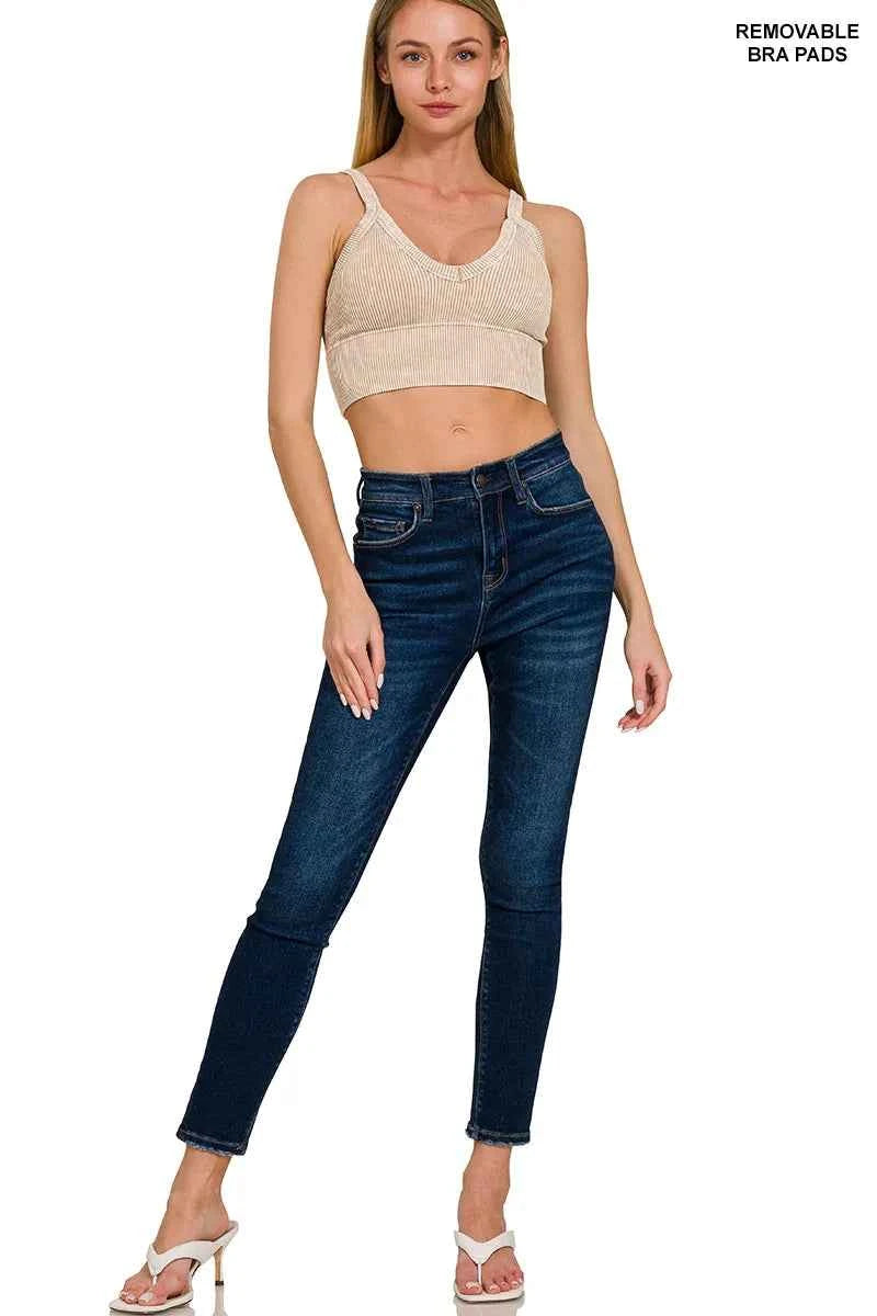 Zenana Washed V Neck Seamless Cropped Bra Top Trendsi