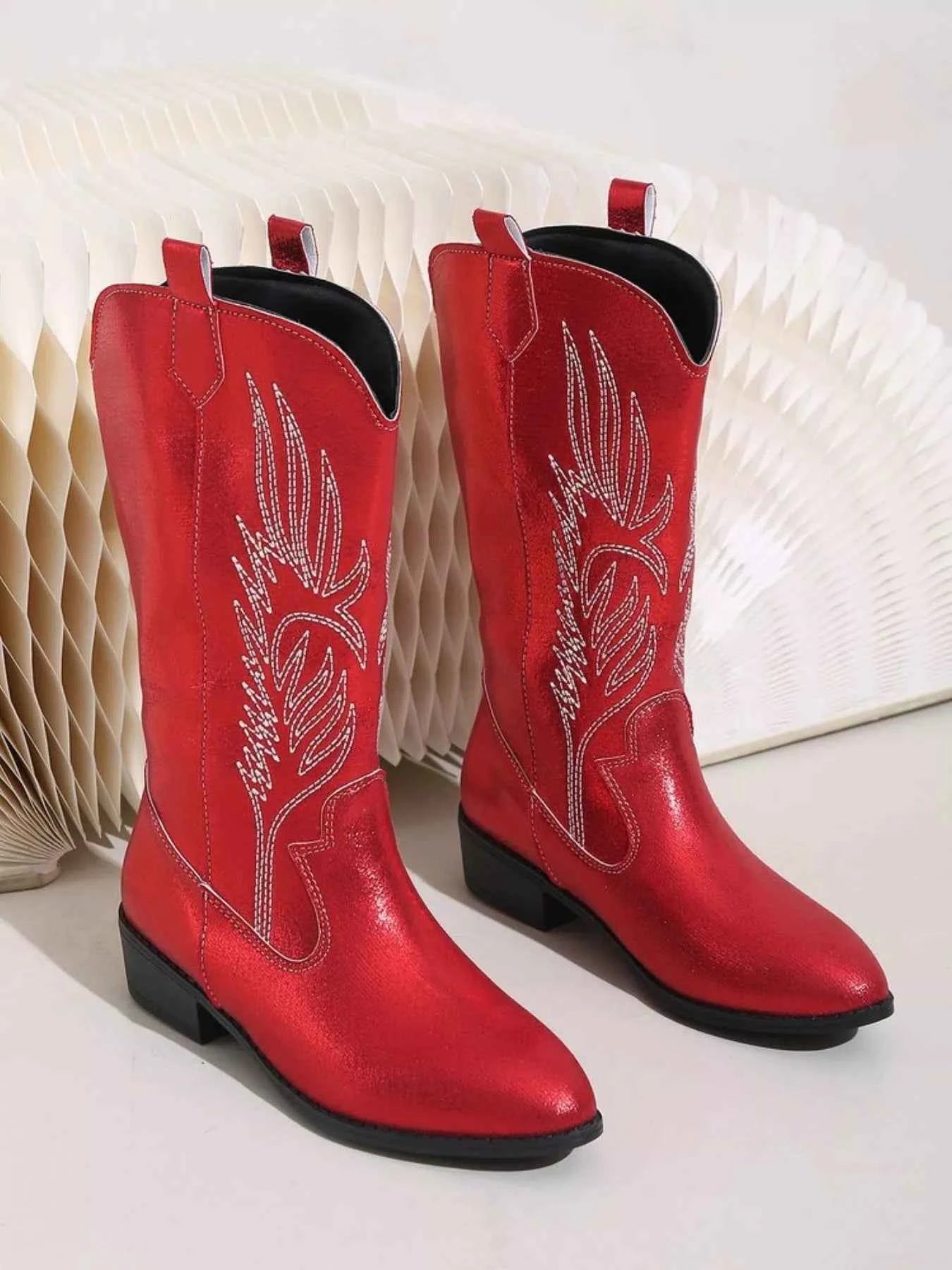 Embroidered Block Heels Boots Red Trendsi