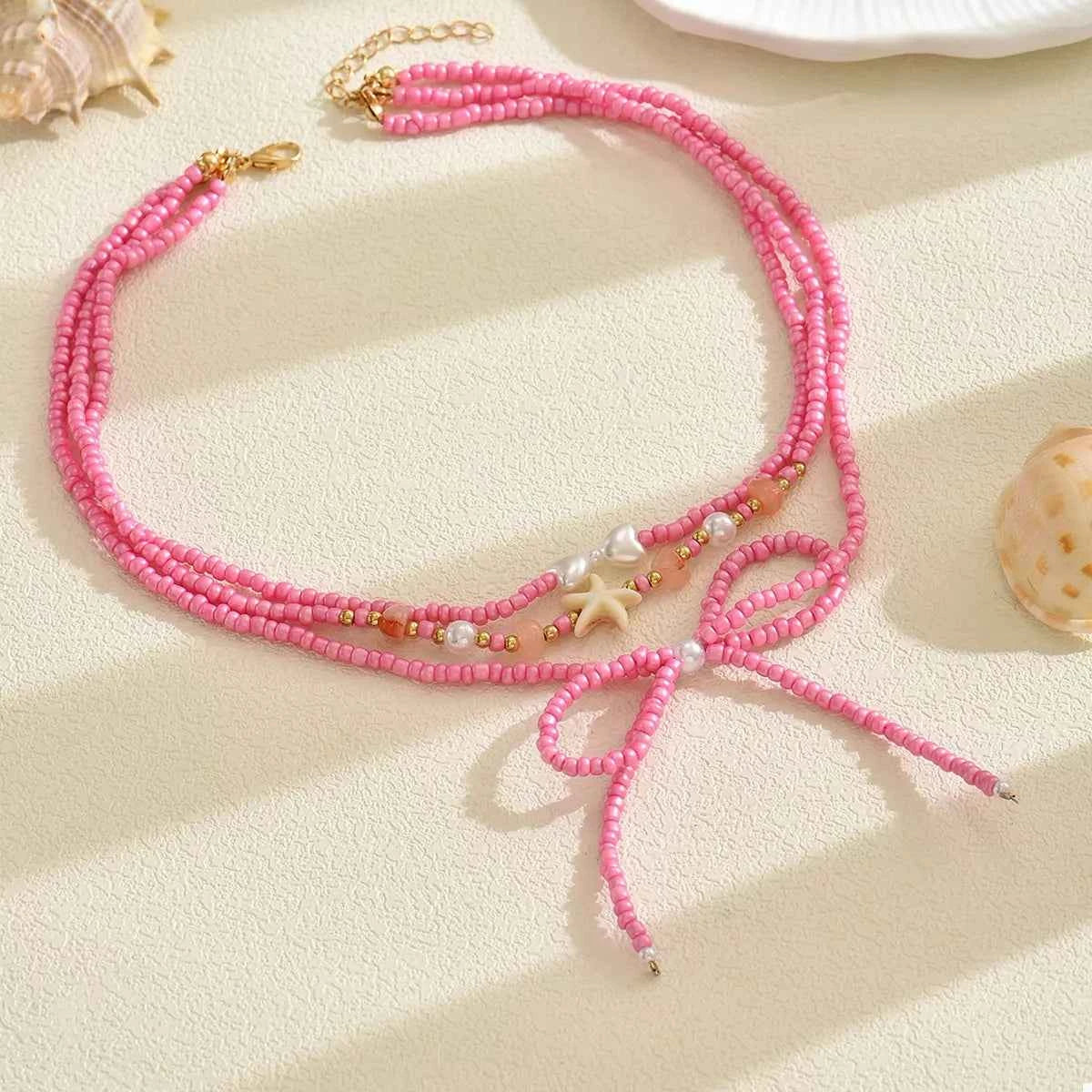 Beaded Three-Layered Necklace with Bow and Starfish Charms Trendsi