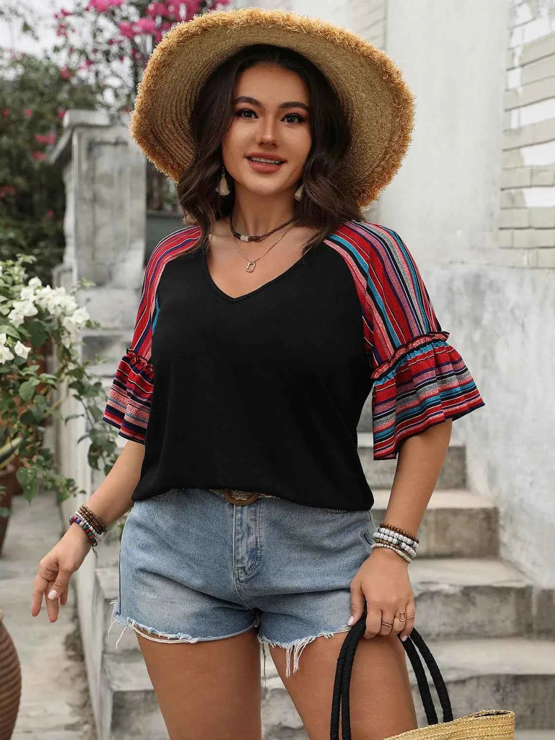 Plus Size V-Neck Flounce Sleeve Top Trendsi