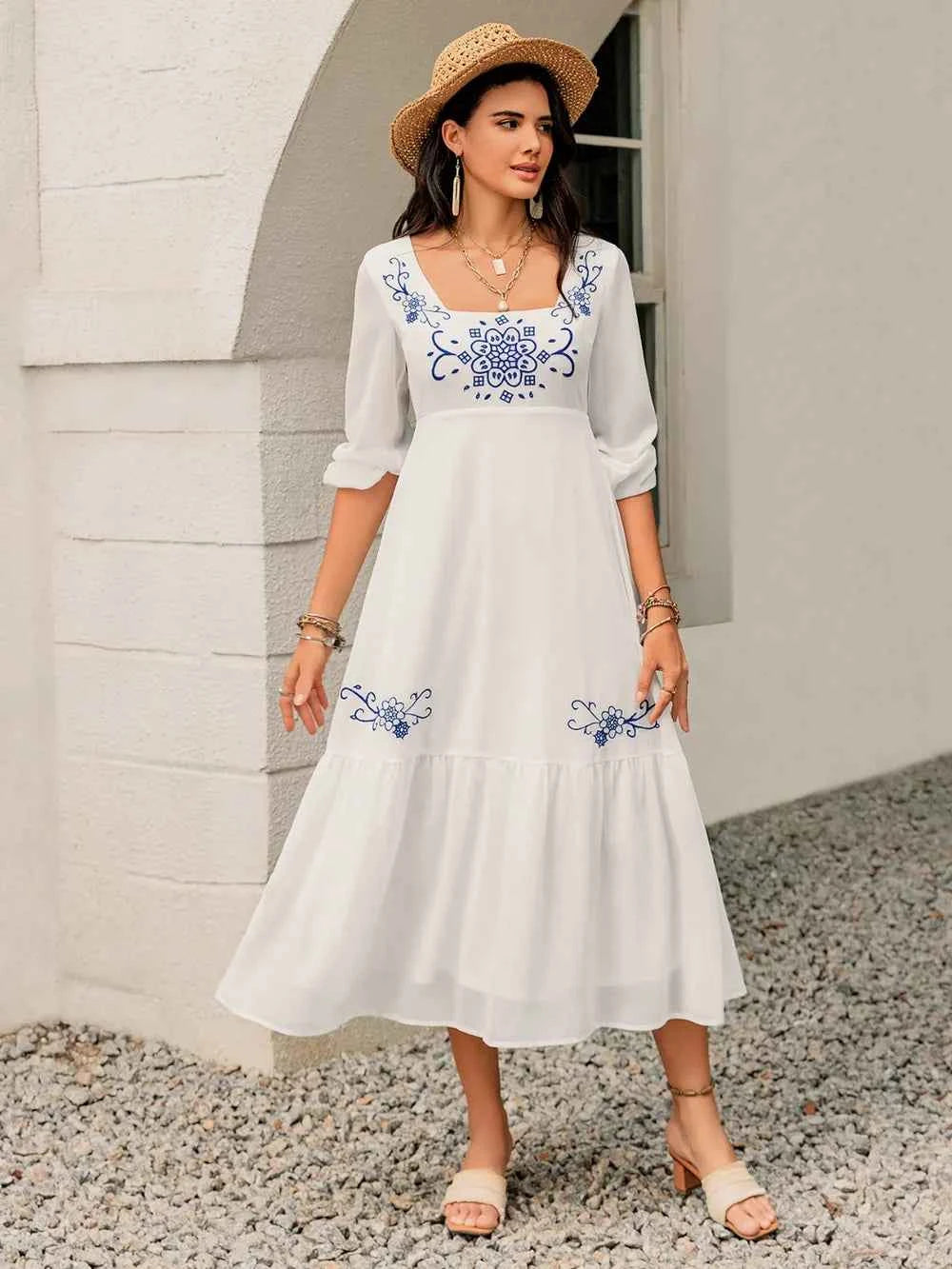 Printed Square Neck Balloon Sleeve Dress Trendsi