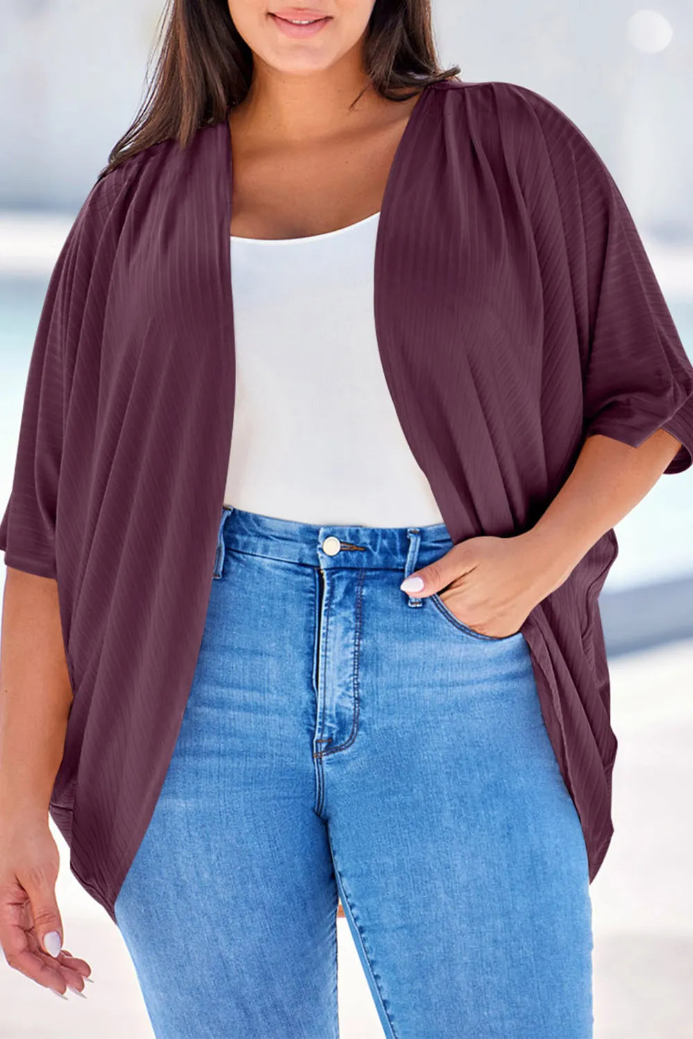Plus Size Ribbed Cocoon Cover Up Deep Purple Trendsi