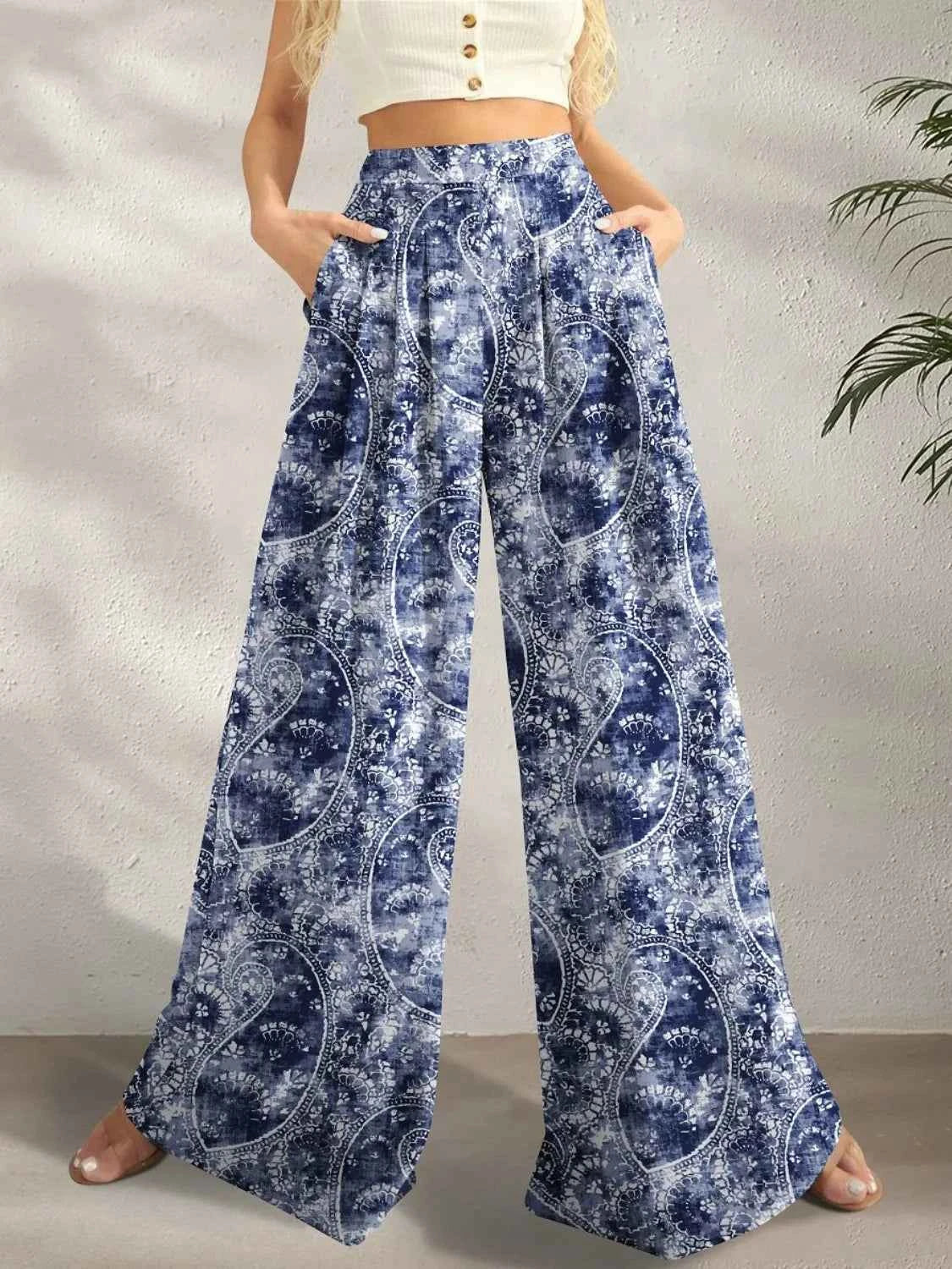 Printed Wide Leg Pants Dusty Blue Trendsi
