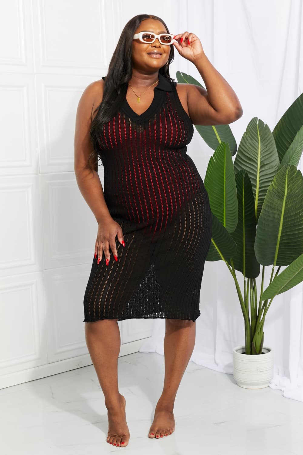 Openwork Johnny Collar Cover Up Dress Trendsi