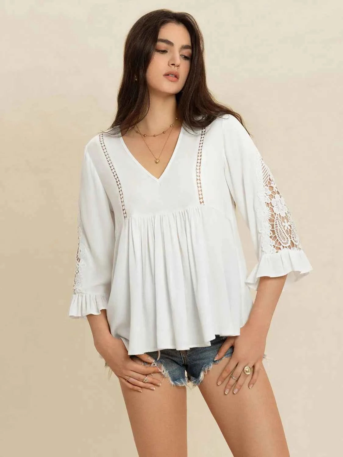 V-Neck Lace Flounce Sleeve Top White Trendsi