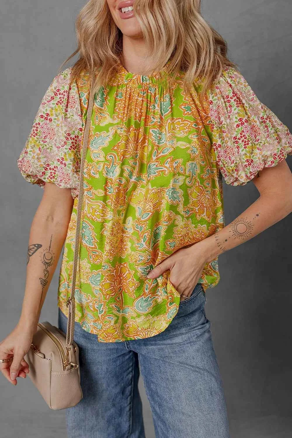 Multicolour Printed Blouse with Contrast Bubble Sleeve Patchwork Floral Trendsi