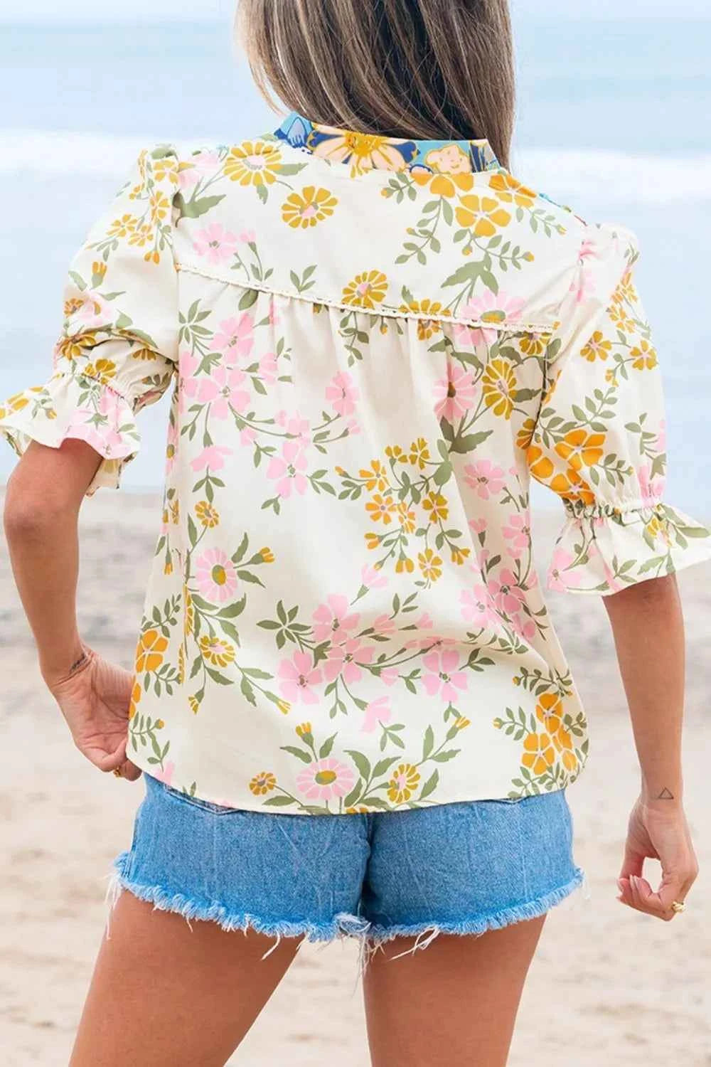 Multicolour Crochet V Neck Half Sleeve Boho Floral Blouse Trendsi