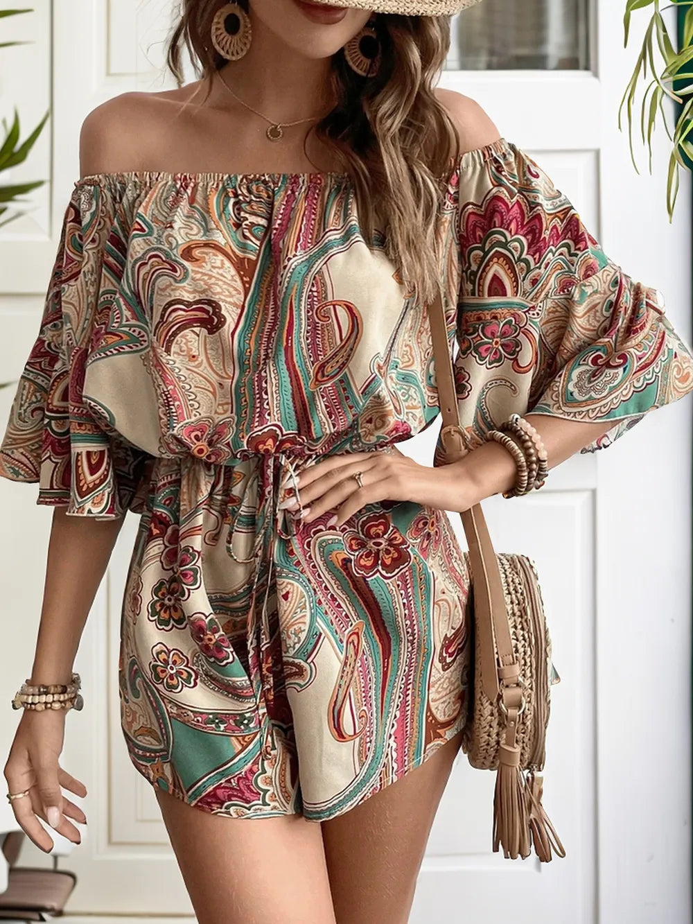 Perfee Printed Off Shoulder Half Sleeve Romper Trendsi