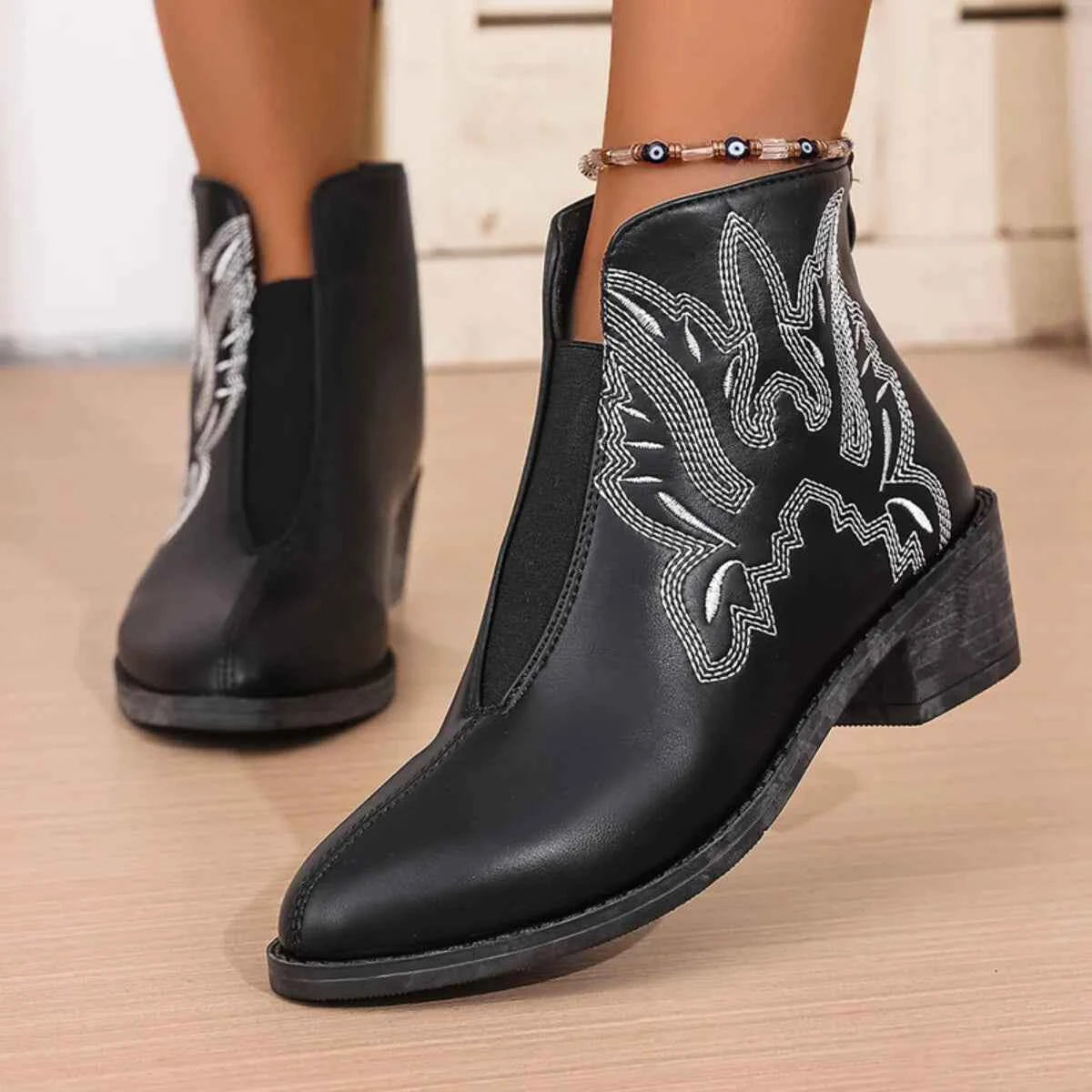 Western Embroidered Ankle Boots Black Trendsi