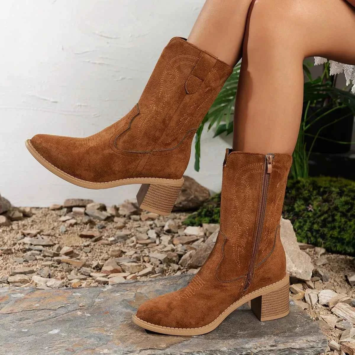 Suede Block Heel Western Boots Trendsi