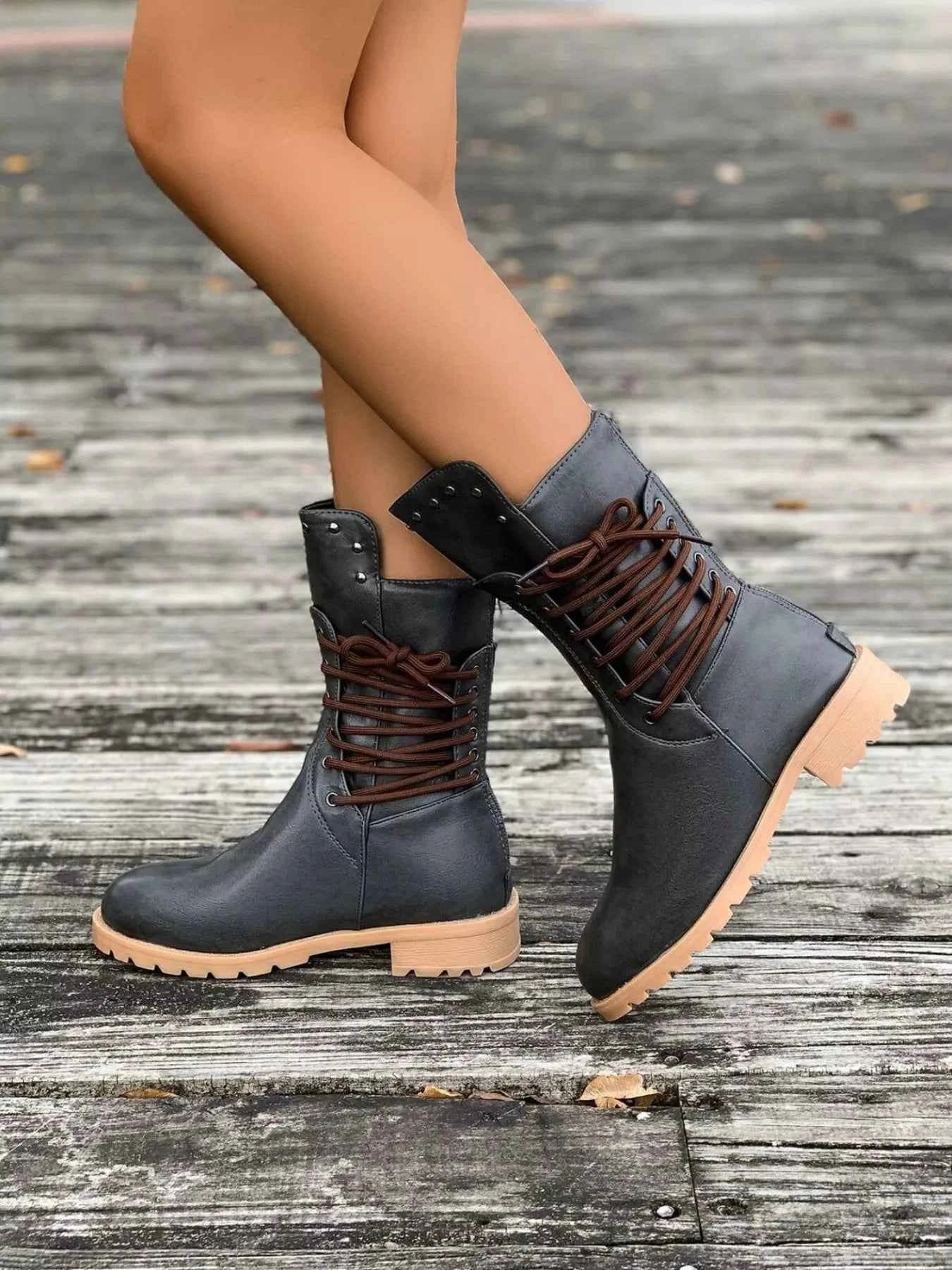 Round Toe Block Heels Boots Gray Trendsi