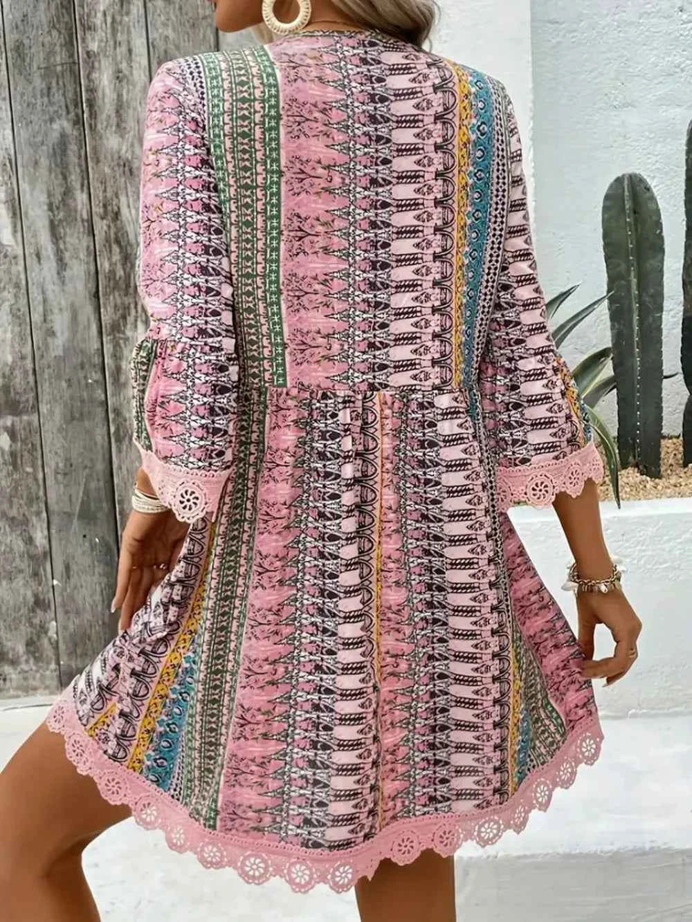 Lace Trim Printed V-Neck 3/4 Sleeve Dress Trendsi