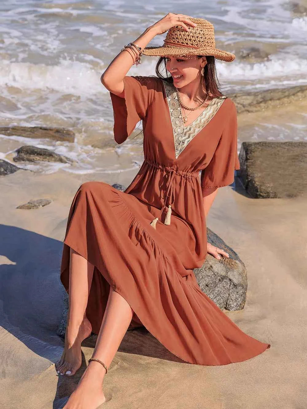Ruffled Tassel V-Neck Flutter Sleeve Dress Trendsi