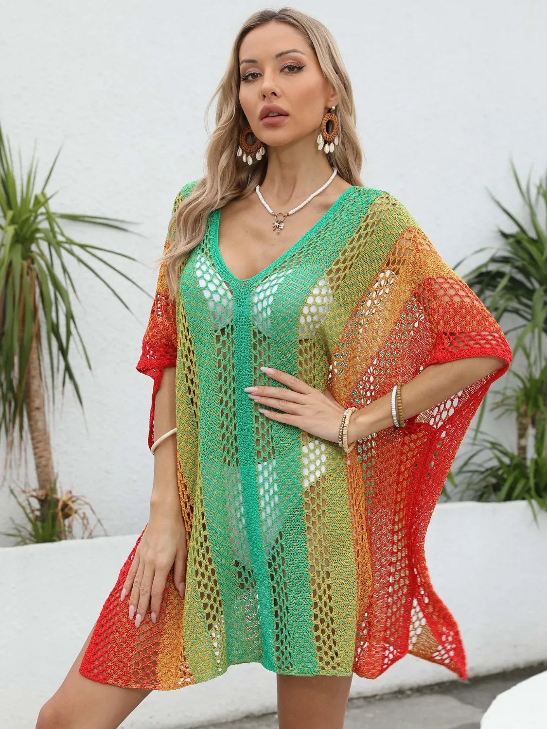 Rainbow Gradient Crochet Beach Cover Up Trendsi