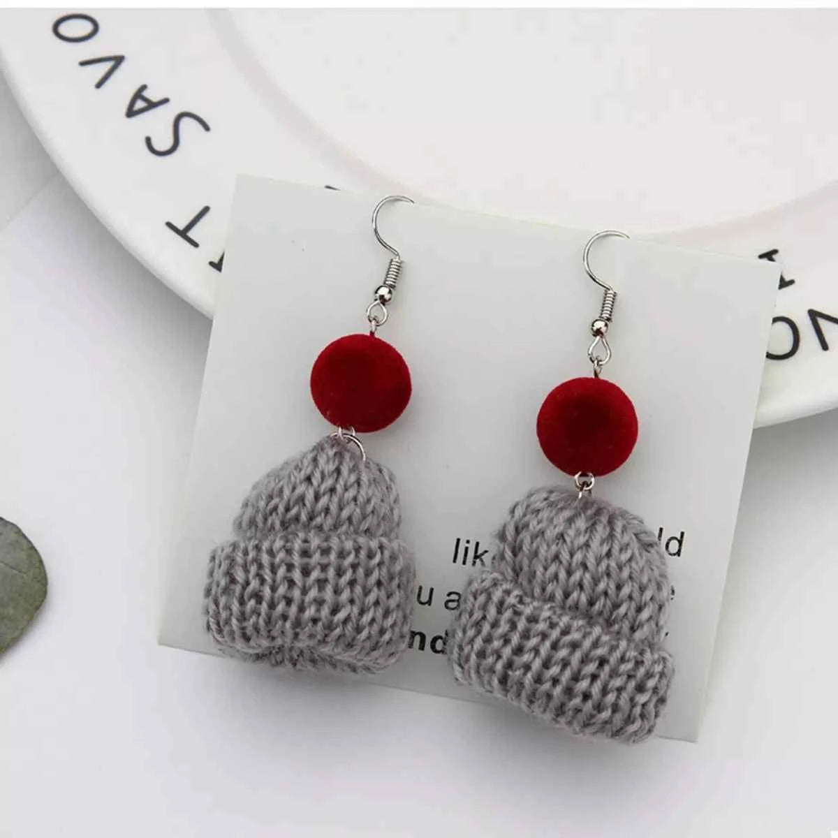 Christmas Knitted Beanie Earrings Dark Gray onesize Trendsi