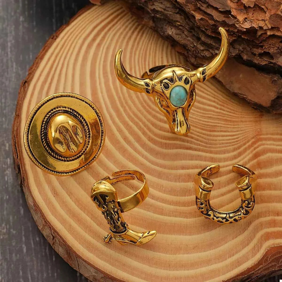 4 Piece Vintage Western Style Bull Head Rings Gold onesize Trendsi