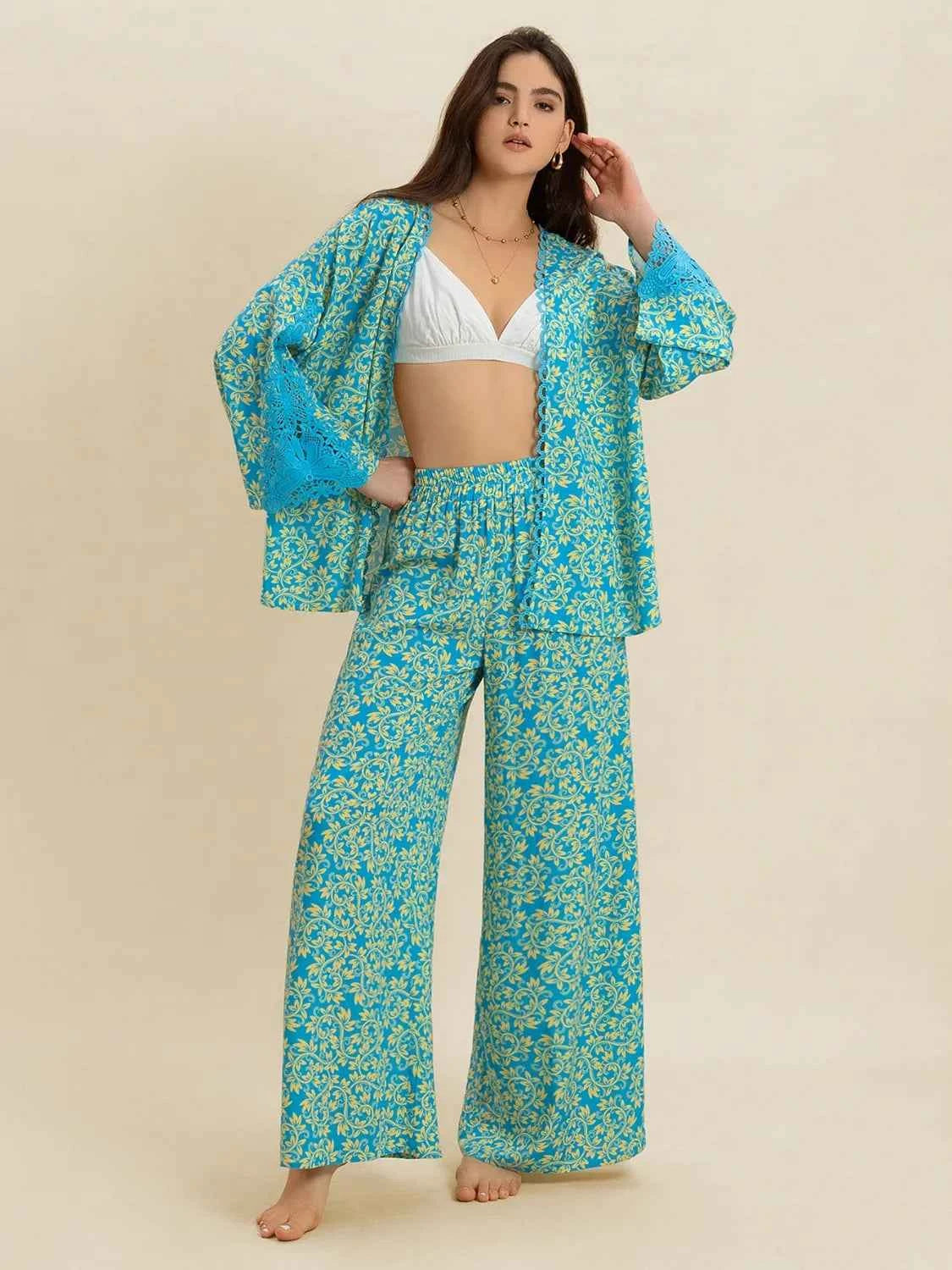 Open Front Printed Top and Pants Set Trendsi