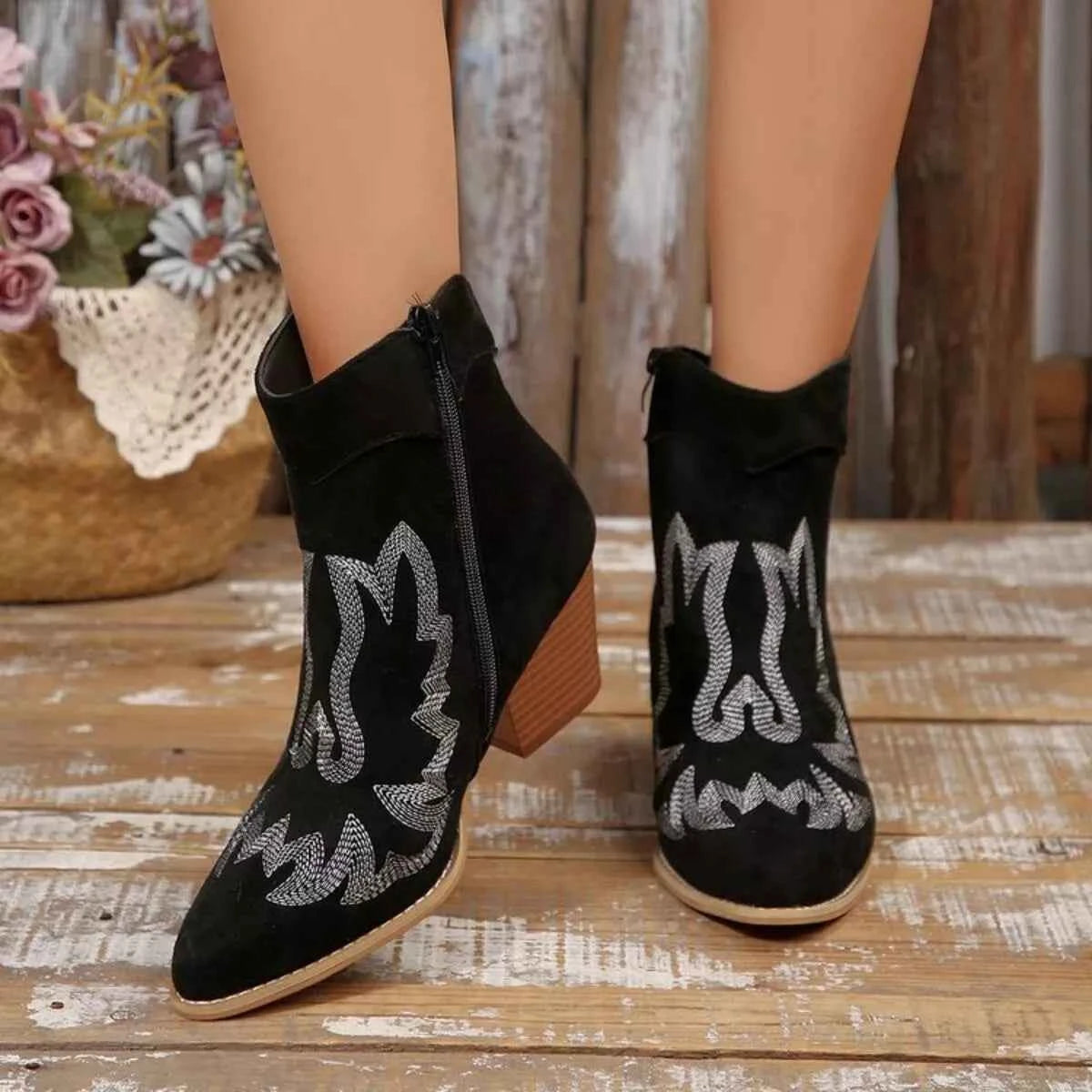 Point Toe Block Heels Boots Black Trendsi