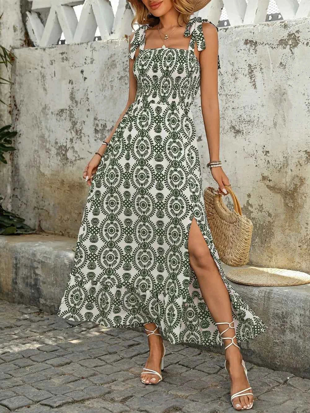 Smocked Slit Printed Tie Shoulder Dress Trendsi