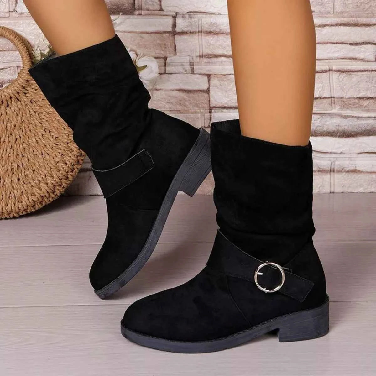 Round Toe Block Heels Boots Black Trendsi