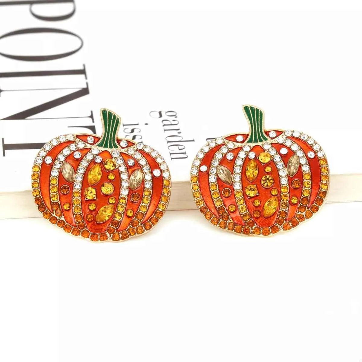 Halloween Pumpkin Rhinestone Stud Earrings - Gold Plated Sparkle Jewelry Tangerine onesize Trendsi