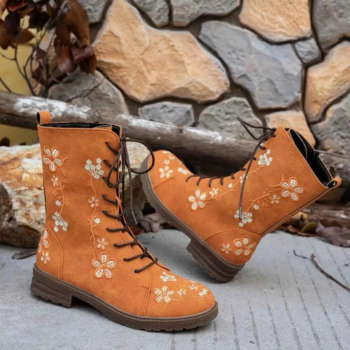 Round Toe Block Heels Boots Orange Trendsi