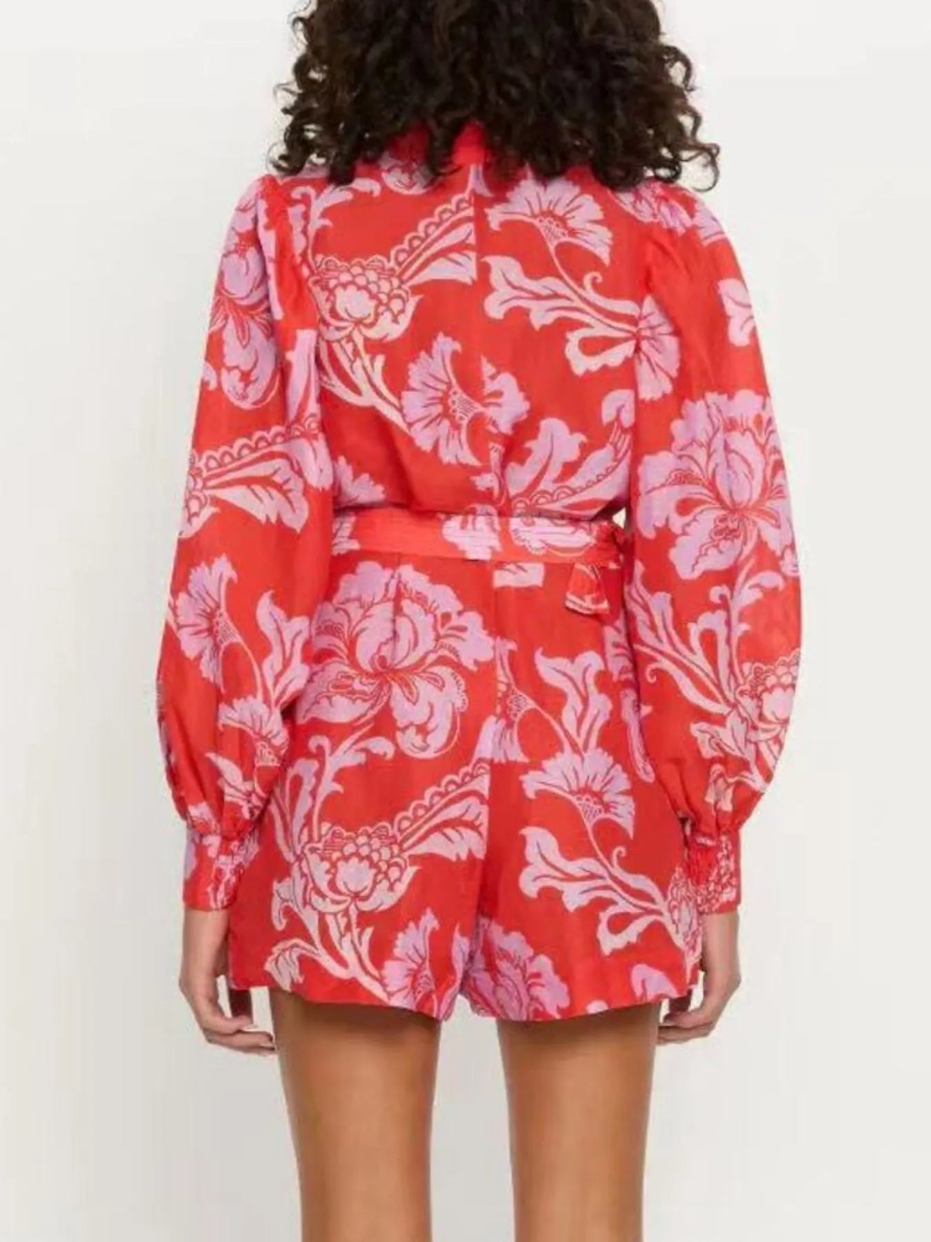 Printed Long Sleeve Belted Romper Trendsi