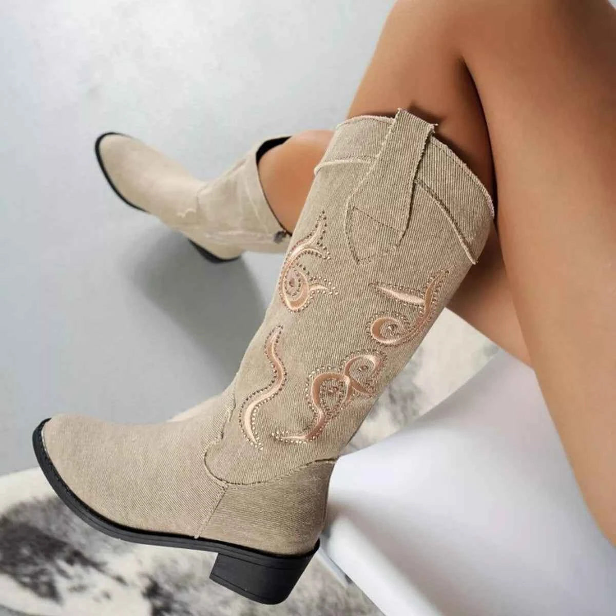 Embroidered Point Toe Block Heels Boots Apricot Trendsi