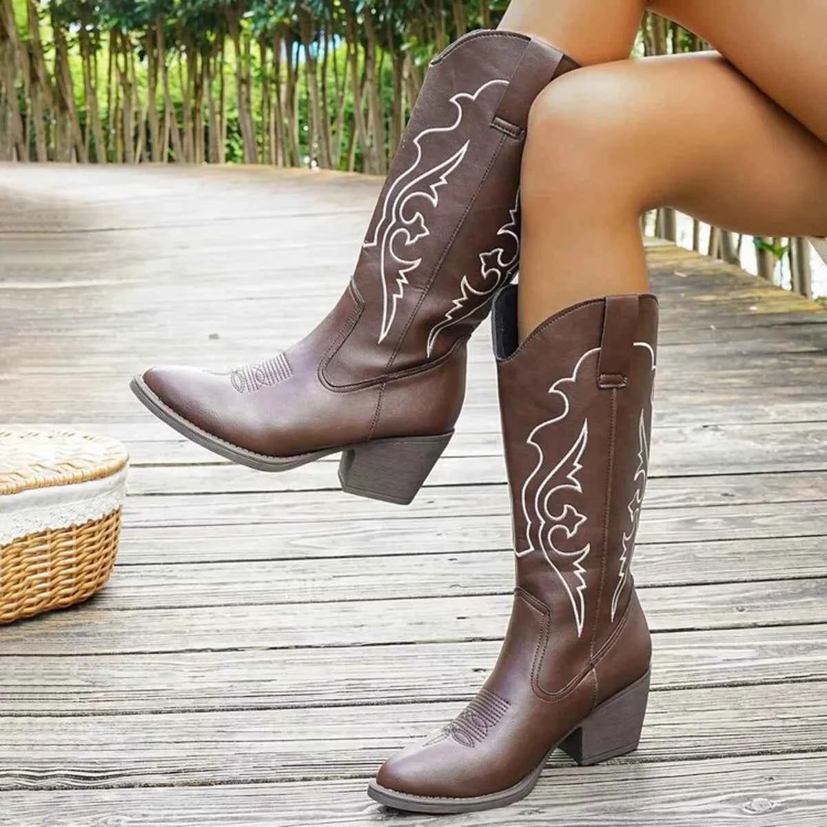 Western Embroidered Mid-Calf Boots Brown Trendsi