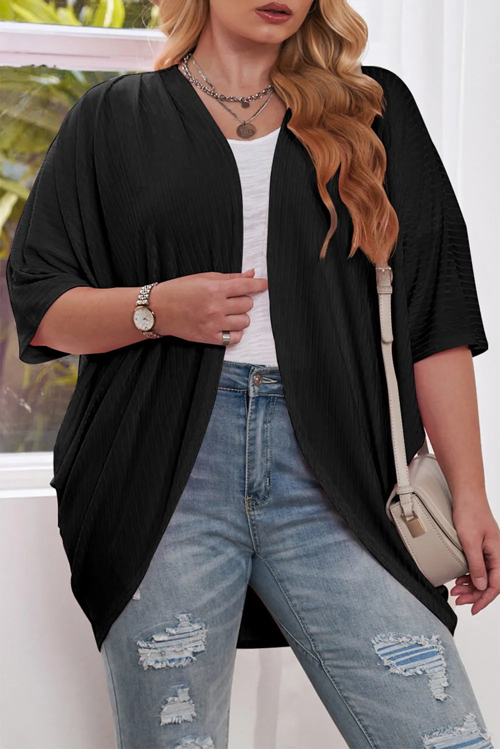 Plus Size Ribbed Cocoon Cover Up Black Trendsi