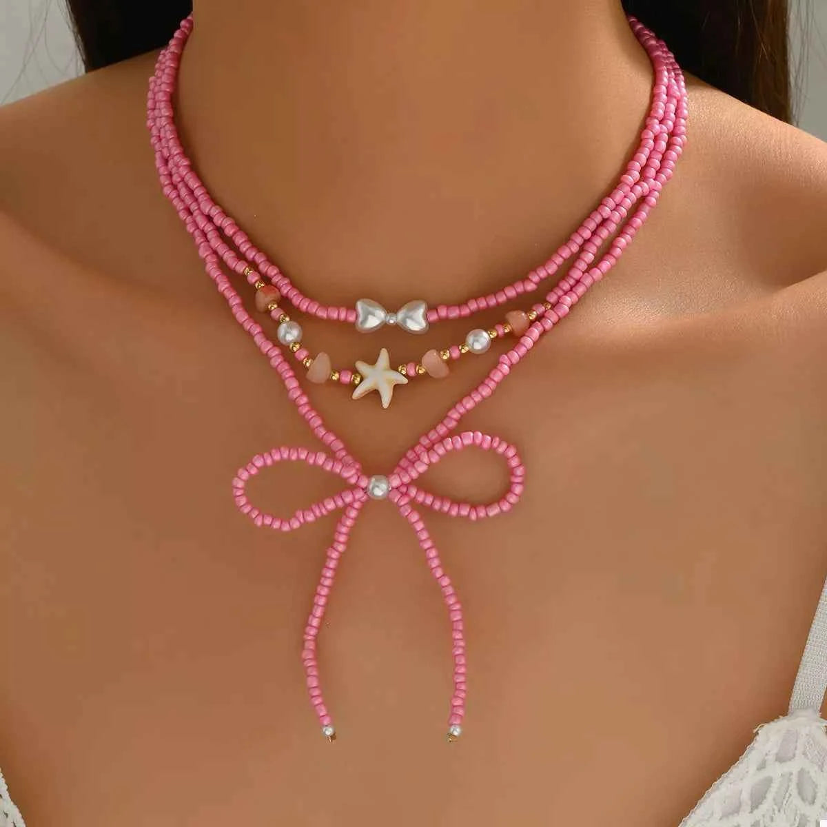 Beaded Three-Layered Necklace with Bow and Starfish Charms Trendsi