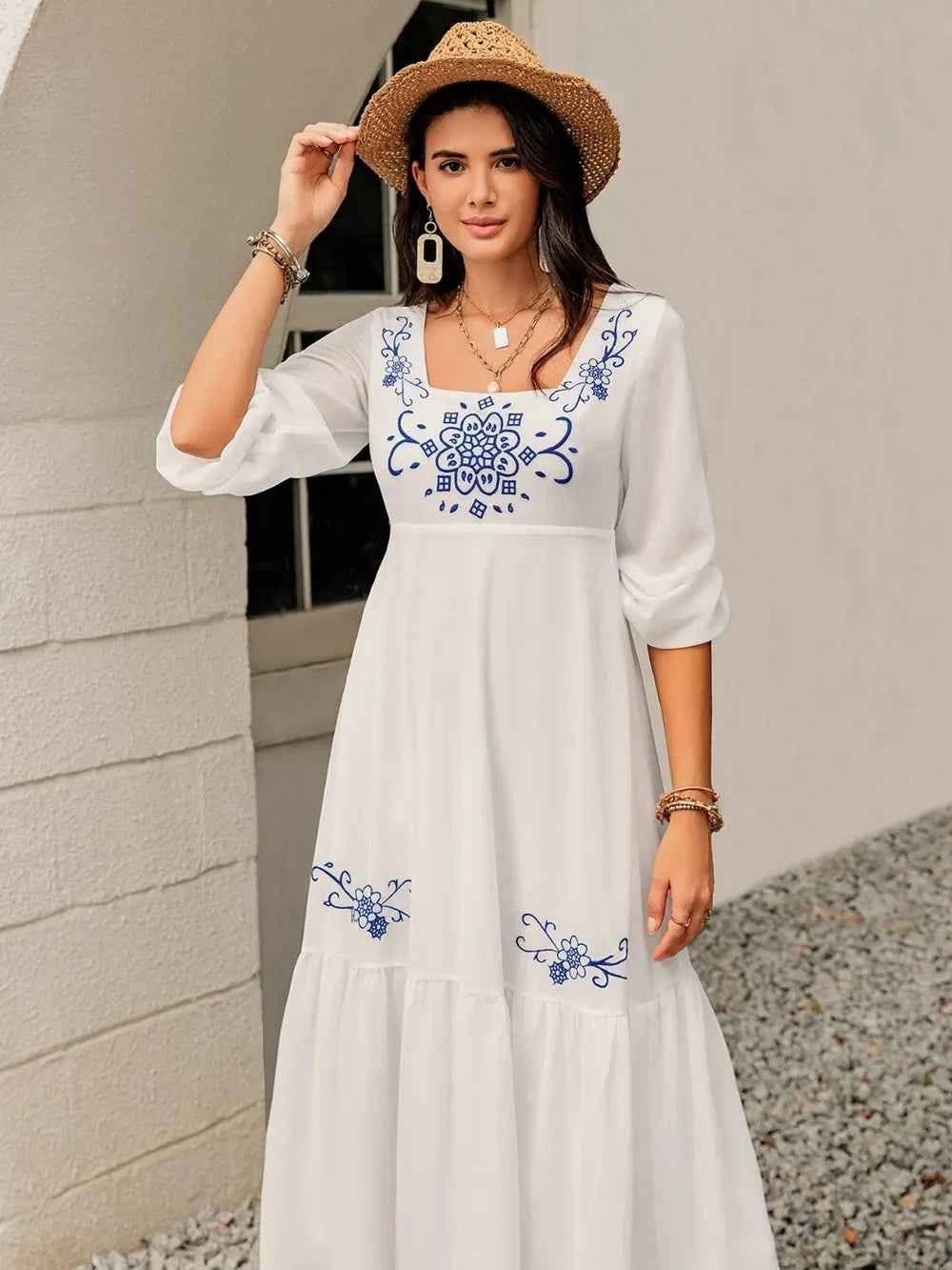 Printed Square Neck Balloon Sleeve Dress Trendsi