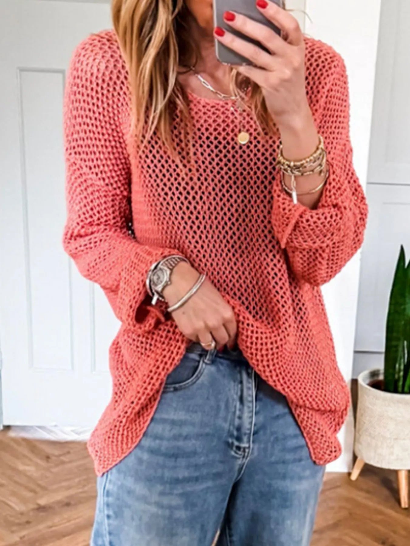Lightweight Openwork Knit Cover Up Coral Trendsi