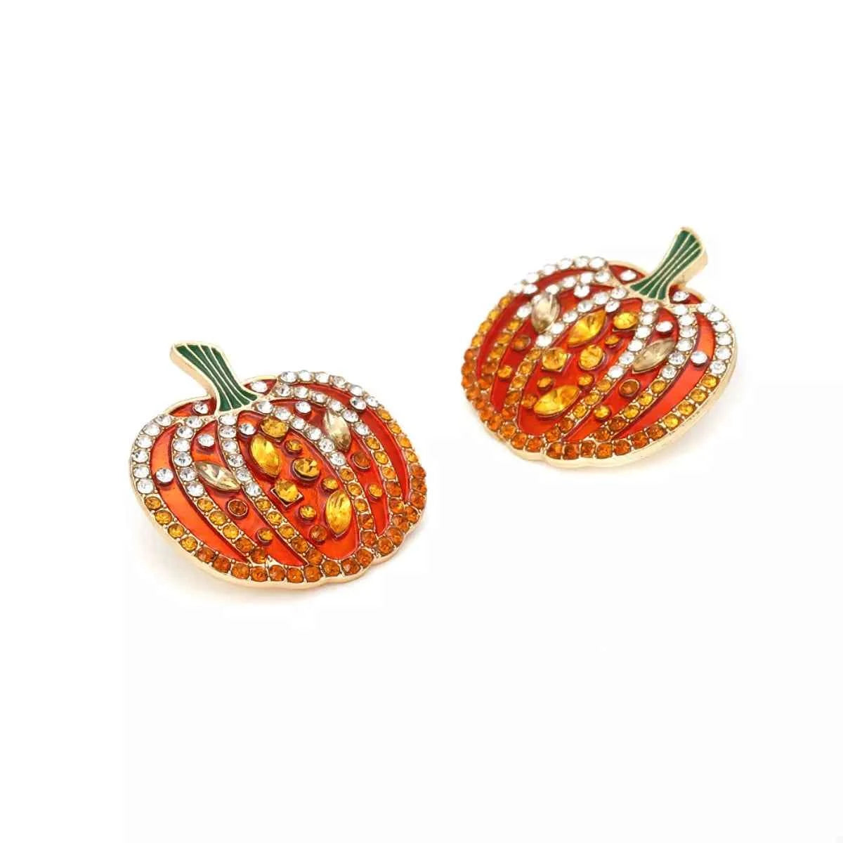 Halloween Pumpkin Rhinestone Stud Earrings - Gold Plated Sparkle Jewelry Trendsi