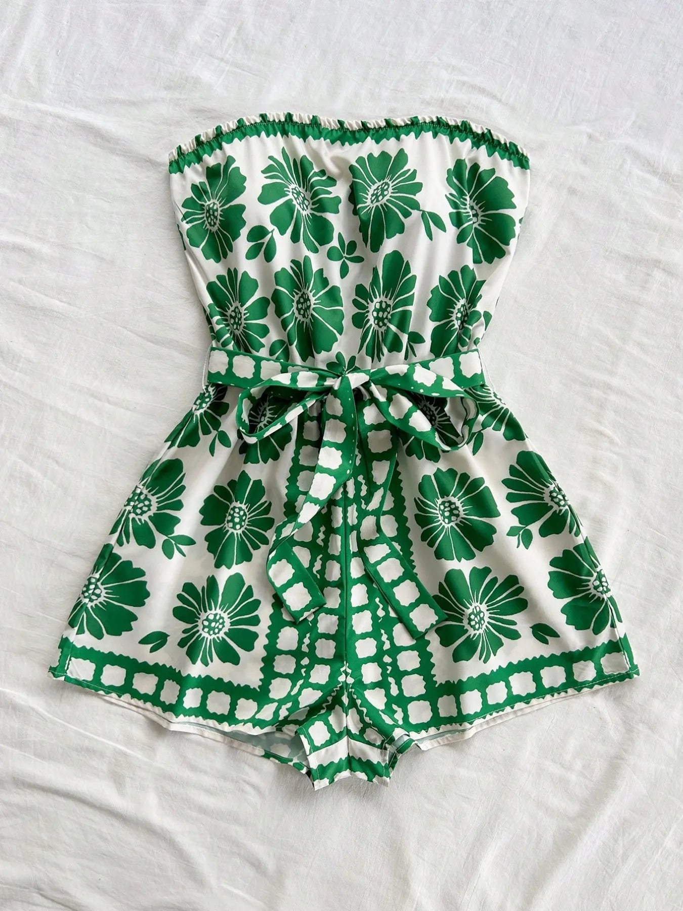 Printed Tube Tie Waist Romper Trendsi