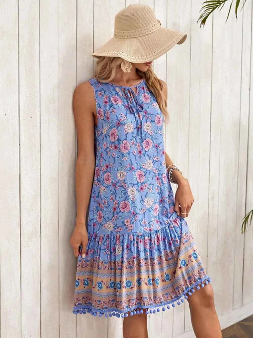 Tie Neck Sleeveless Floral Dress Trendsi