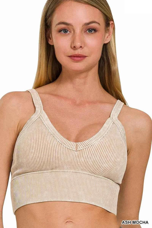 Zenana Washed V Neck Seamless Cropped Bra Top ASH MOCHA Trendsi