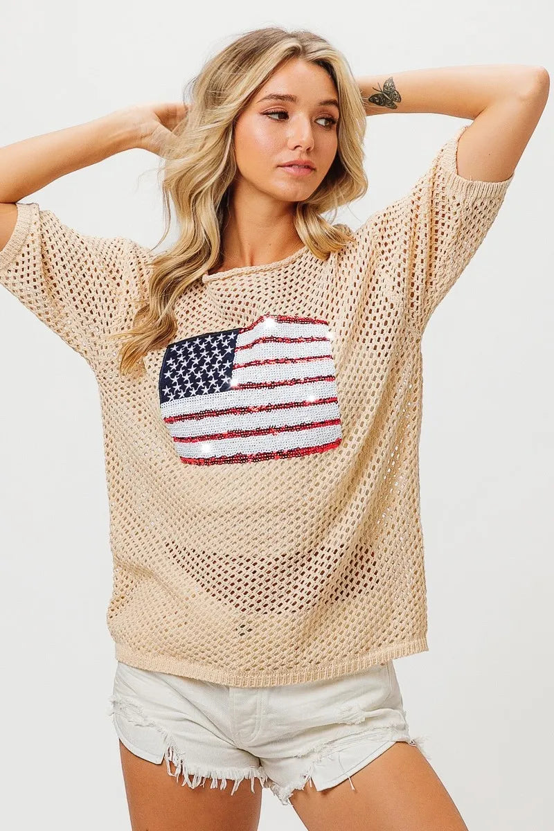 BiBi Sequin American Flag Knit Cover Up Trendsi