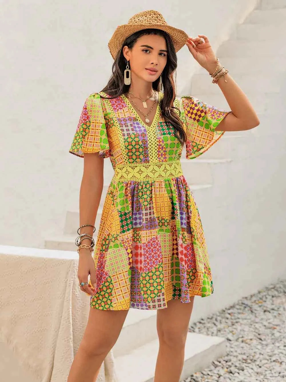 Crochet Trim Printed V-Neck Short Sleeve Mini Dress Trendsi