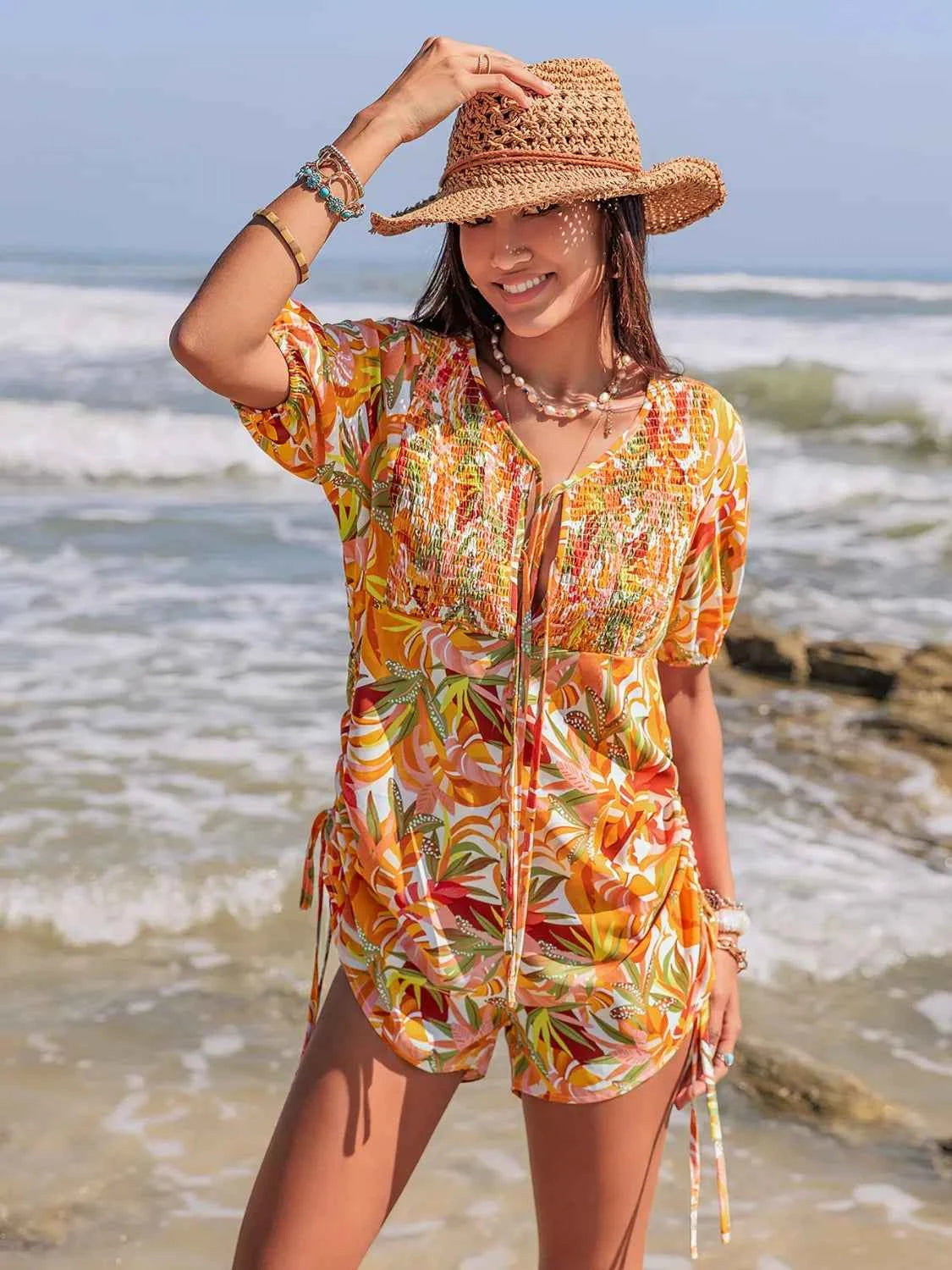 Smocked Printed Tie Neck Romper Trendsi