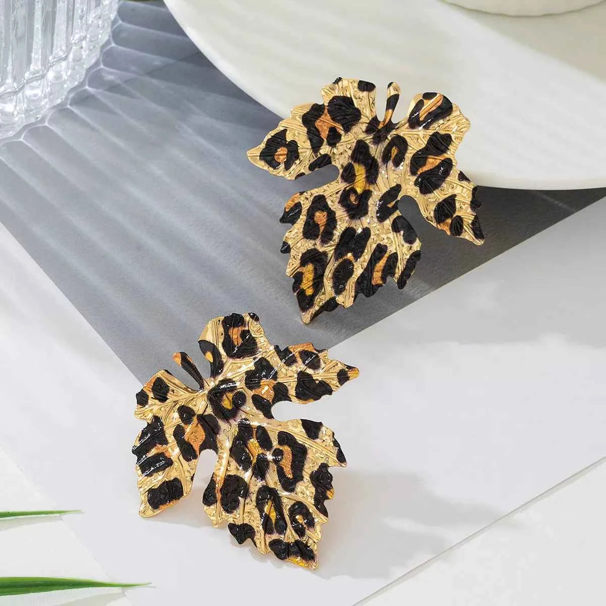 Alloy Leopard Print Leaf Earrings Trendsi