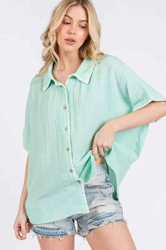 SAGE+FIG Boho Zigzag Trim Gauze Button-Up Shirt Trendsi