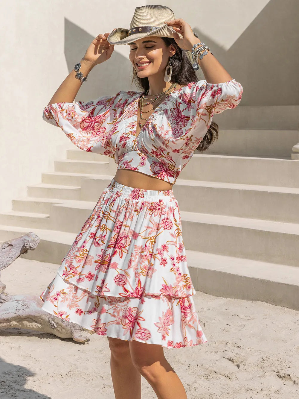 Printed Half Sleeve Top and Layered Skirt Set Blush Pink Trendsi